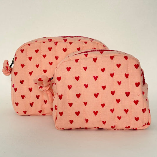Quilted Cotton Travel Pouch Set | Red Heart on Pink | Classic Organiser Set