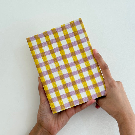 Handcrafted Sustainable A5 Diary Journal Notebook l Handmade Paper l Yellow & Purple checks